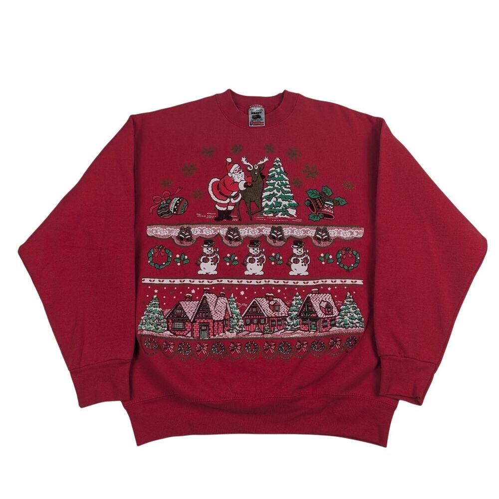 Vintage Christmas Santa Tree Snowman Village Red Heavy 90s Crewneck Size Large